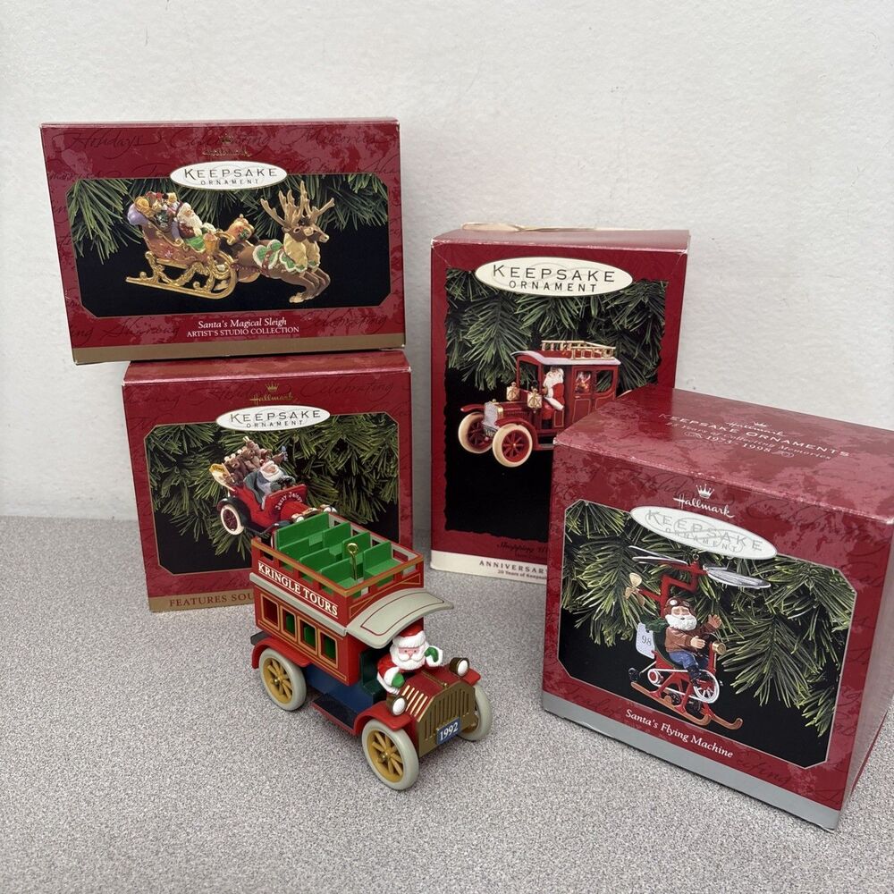 Hallmark Lot Of 5 Keepsake Santa Ornaments Jalopy, Truck, Sleigh, Flying Machine